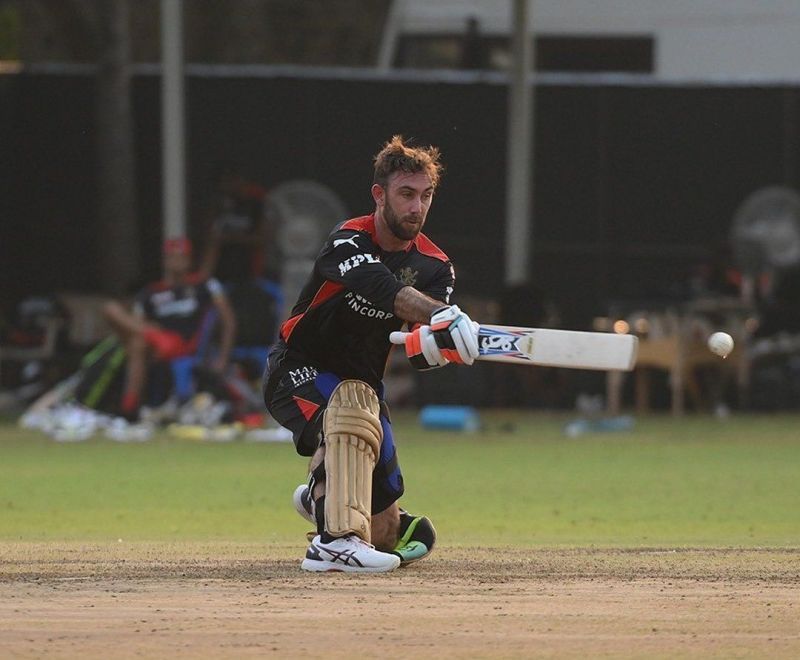 Glenn Maxwell in action during a practice game ahead of IPL 2021 [Credits: RCB]