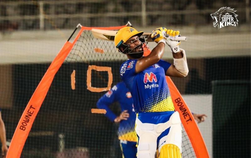 Cheteshwar Pujara practising big hits during a CSK training session [Credits: CSK]