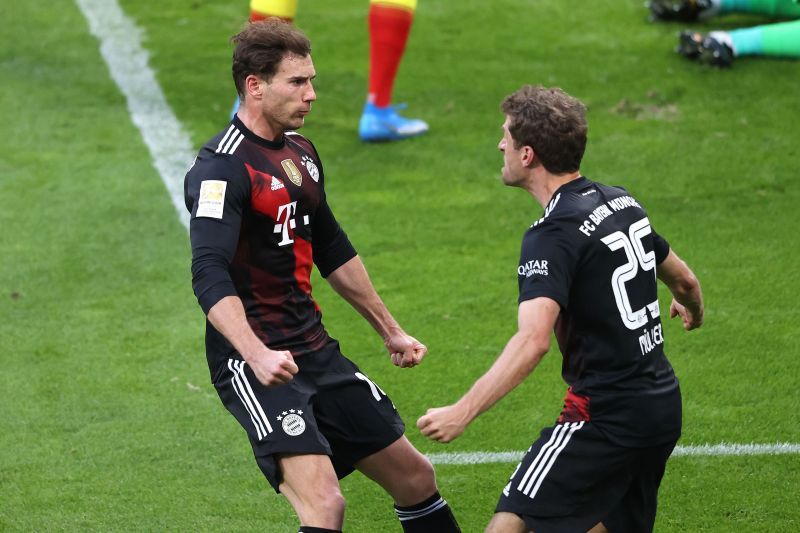 Leon Goretzka celebrates his goal with Thomas Muller.