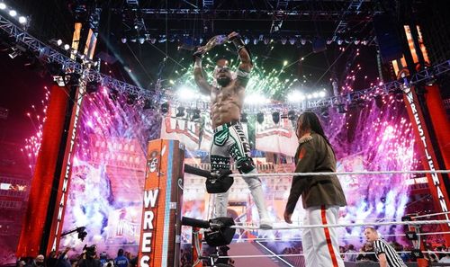 Apollo Crews celebrates with his newly won Intercontinental Championship at WrestleMania 37