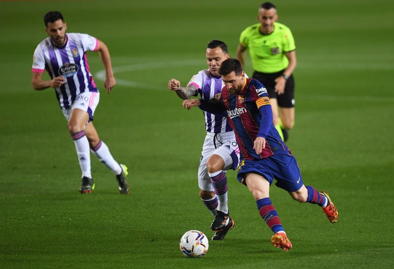 Lionel Messi in action during FC Barcelona v Real Valladolid CF fixture on Monday night