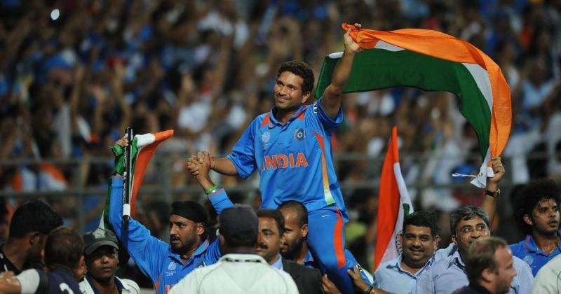 Sachin Tendulkar celebrates with the team after winning the 2011 World Cup