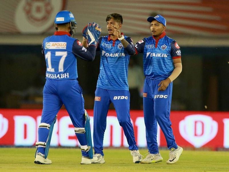 Sandeep Lamichhane (center) celebrating the wicket of Punjab&#039;s Sam Curran in IPL 2019