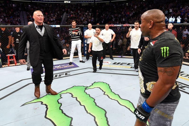 Brock Lesnar confronting Daniel Cormier inside the octagon