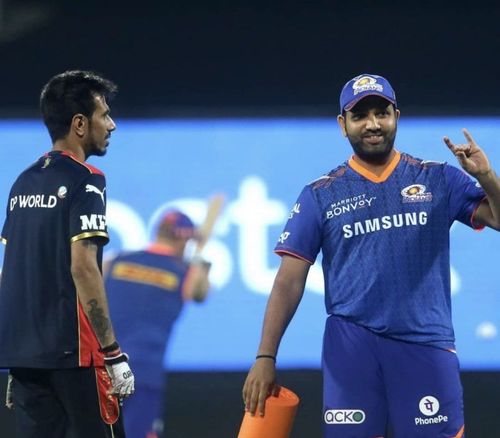 Yuzvendra Chahal and Rohit Sharma (right) Pic Credits: Twitter