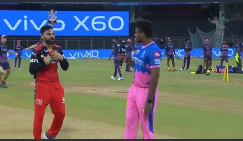 Virat Kohli realizing that he has won the toss against Sanju Samson