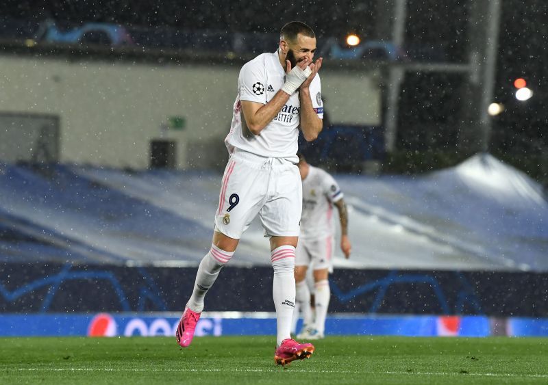 Benzema celebrating his goal against Chelsea