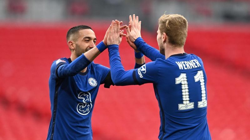 Hakim Ziyech and Timo Werner celebrate Chelsea's goal against City.