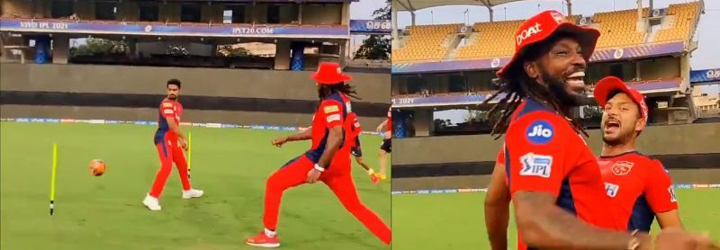 Chris Gayle scoring a goal in a training session. Pic Credits: @PunjabKingsIPL Twitter