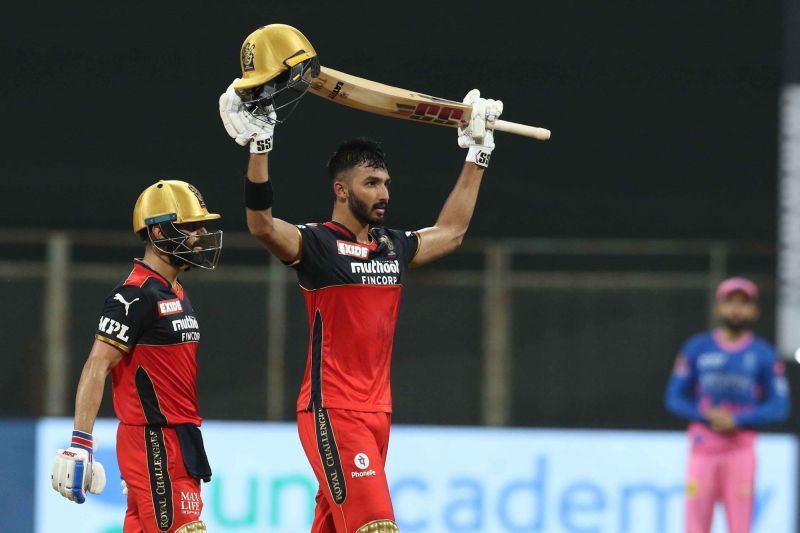 RCB&#039;s Devdutt Padikkal (R) celebrating his maiden IPL hundred.