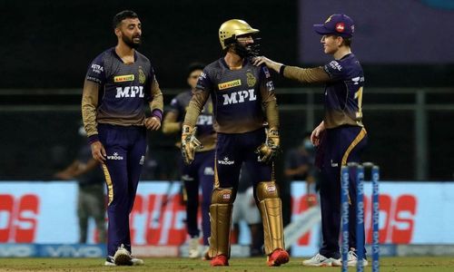 Kolkata Knight Riders (KKR) players celebrate the fall of Shivam Dube's wicket (Photo: BCCI)