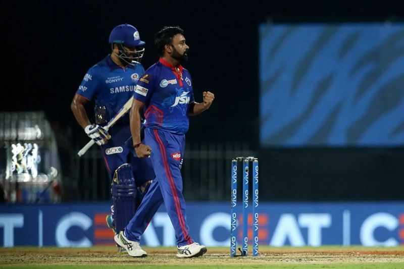 Amit Mishra celebrates dismissing Rohit Sharma in match 13 of IPL 2021. Pic: IPLT20.COM