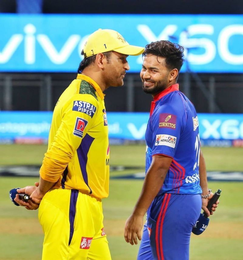 Rishabh Pant and MS Dhoni(L) sharing a light moment during the toss on Saturday. (PC: Delhi Capitals)