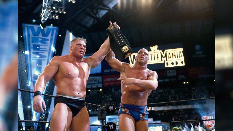 Brock Lesnar defeated Kurt Angle to capture the WWE Championship at WrestleMania XIX (Credit = WWE Network)