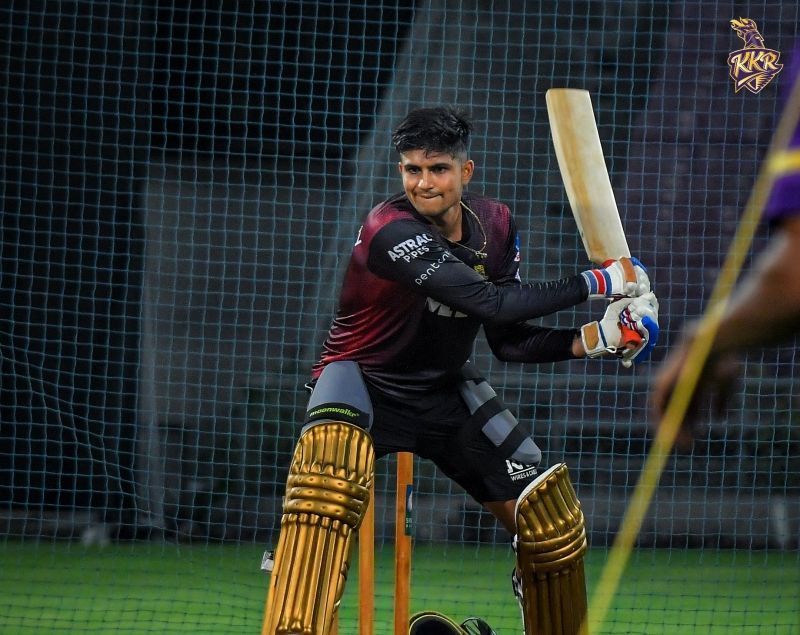 Shubman Gill practices the switch hit. Pic: KKR