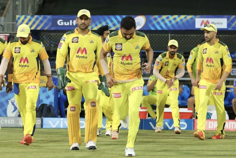 MS Dhoni leads the CSK side out at the start of the match (Photo: BCCI)