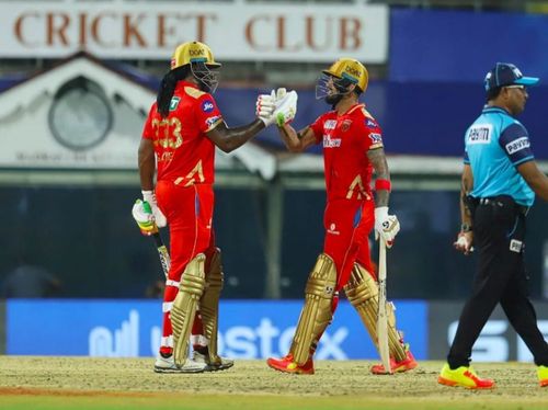 Chris Gayle and KL Rahul celebrate PBKS' victory over Mumbai Indians