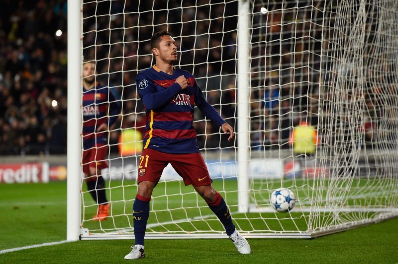 Adriano celebrates a goal for Barcelona.