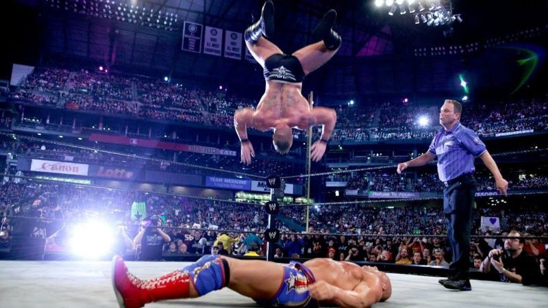 Lesnar attempting the Shooting Star Press at Mania 19