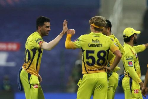 CSK's Deepak Chahar celebrates with teammate Sam Curran