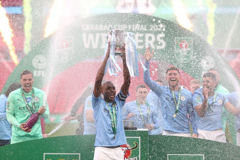 Manchester City lift the 2021 League Cup trophy