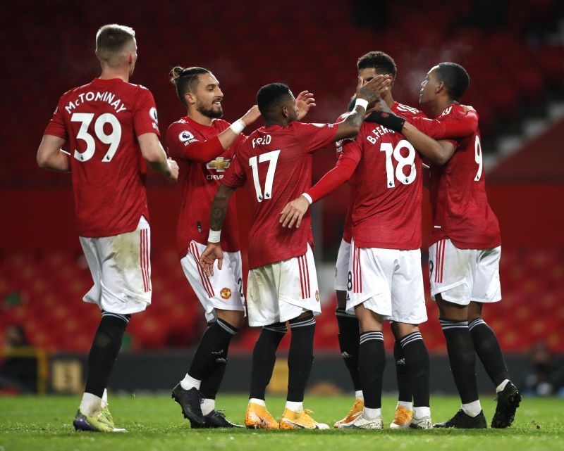 Telles, Fred and Bruno Fernandes playing for Man Utd. (Photo by Clive Brunskill/Getty Images)