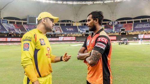 MS Dhoni (L) and T Natarajan (R) engage in a chat post match in IPL 2020 [Credits: India TV]