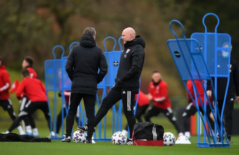 Ryan Giggs and Robert Page at a Wales training session.