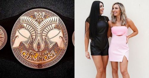 The old WWE tag team belt design, Billie Kay, and Peyton Royce.