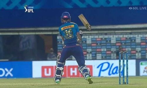 Krunal Pandya's bat was shattered in two pieces by Kyle Jamieson's yorker. (PC: Twitter)