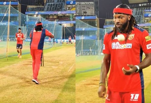 Chris Gayle bowling in the Punjab Kings' nets. Pic: Punjab Kings