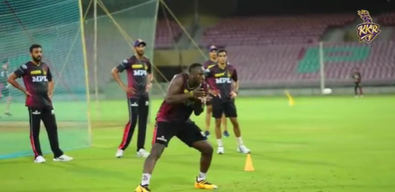Andre Russell during catching practice. Pic: KKR