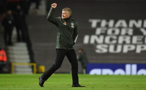 Manchester United manager Ole Gunnar Solskjaer celebrates his team's win against Brighton