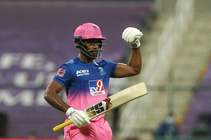 Sanju Samson flexes his muscles after his century against PBKS.(Twitter)