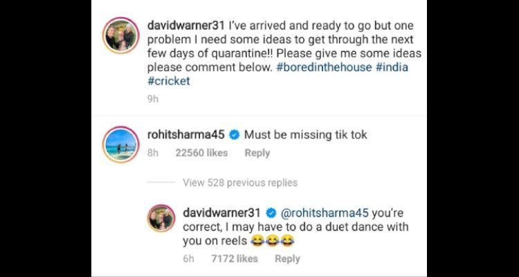 David Warner and Rohit Sharma indugling in some friendly banter (thecricketlounge)