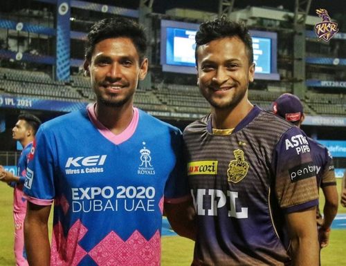 Mustafizur Rahman (L) and Shakib Al Hasan (R) after RR beat KKR by 6 wickets on April 24 [Credits: KKR]