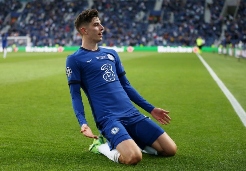 Kai Havertz celebrates after scoring against Manchester City