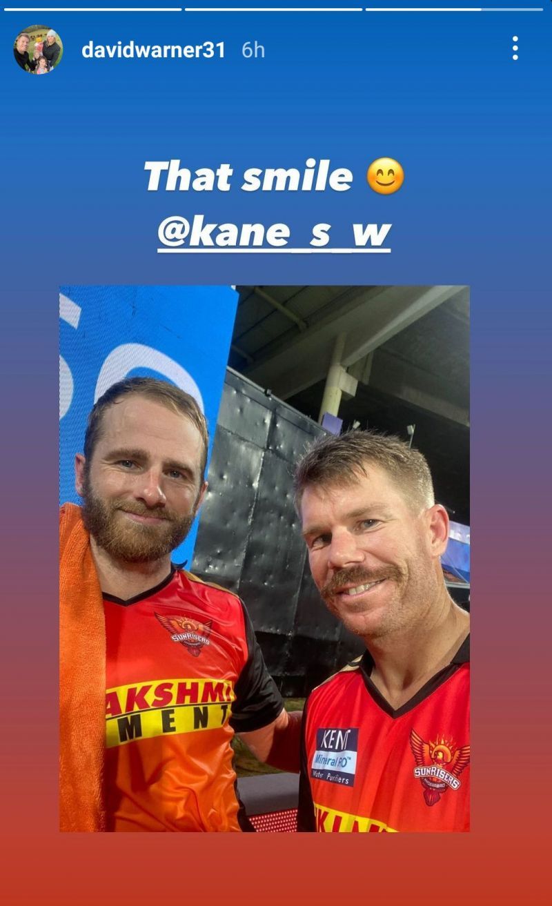 David Warner's Instagram story with Kane Williamson