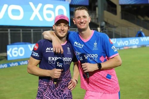 Rajasthan Royals' David Miller (L) and Chris Morris.