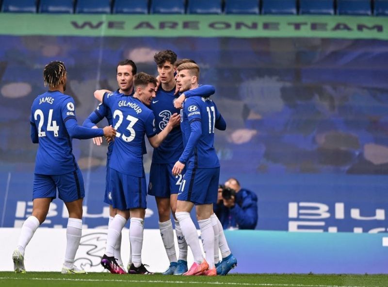 Kai Havertz and Timo Werner (right) celebrate Chelsea&#039;s goal against Fulham.