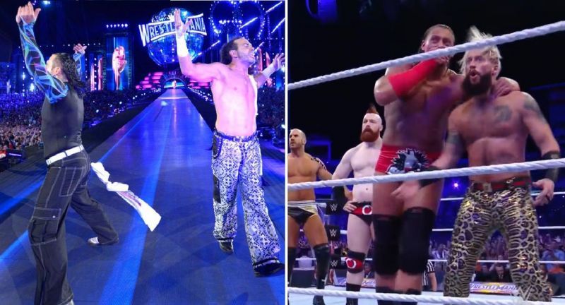 Big Cass whispers something in Enzo&#039;s ear as The Hardy Boyz return to WWE