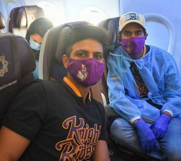 KKR players Shubman Gill and Nitish Rana on board a charter flight to Chennai. (PC: KKR)