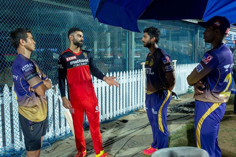 Virat Kohli had a chat with Rahul Tripathi and Shivam Mavi after the IPL 2021 match between the Royal Challengers Bangalore and Kolkata Knight Riders (Image Courtesy: IPLT20.com)