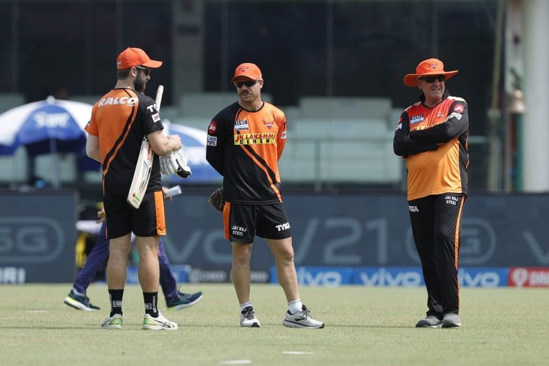 David Warner with Kane Williamson and Trevor Bayliss