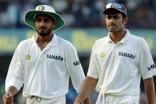 Anil Kumble and Harbhajan Singh on the field.