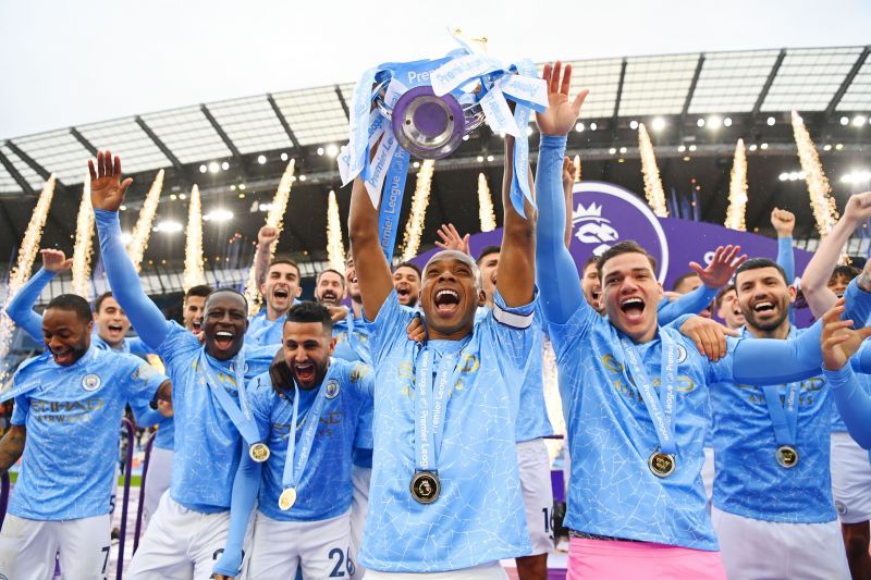 Man City captain Fernandinho lifting the Premier League title