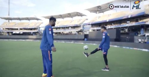 Rahul Chahar (R) showing his football skills. Pic Credits: @MIPaltan twitter