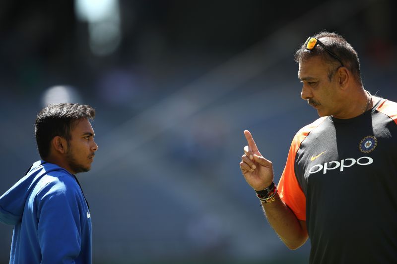 Prithvi Shaw (L) with Team India coach Ravi Shastri