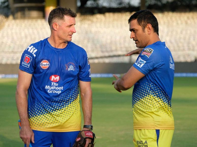 Mike Hussey (L) and MS Dhoni (R) during a CSK practice session [Credits: IPL]