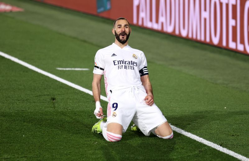 Karim Benzema celebrates a goal for Real Madrid.